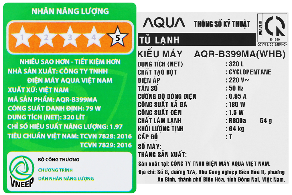 Tủ lạnh Aqua Inverter 320 lít AQR-B399MA(WHB)