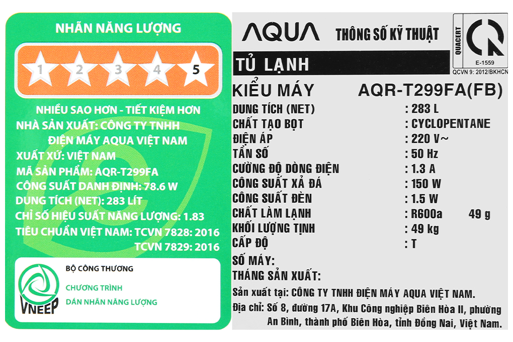 Tủ lạnh Aqua Inverter 283 lít AQR-T299FA(FB)