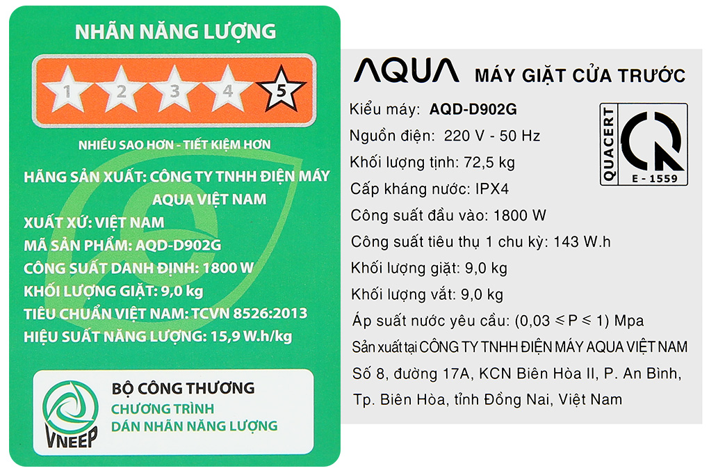 Máy giặt Aqua Inverter 9 kg AQD- D902G BK