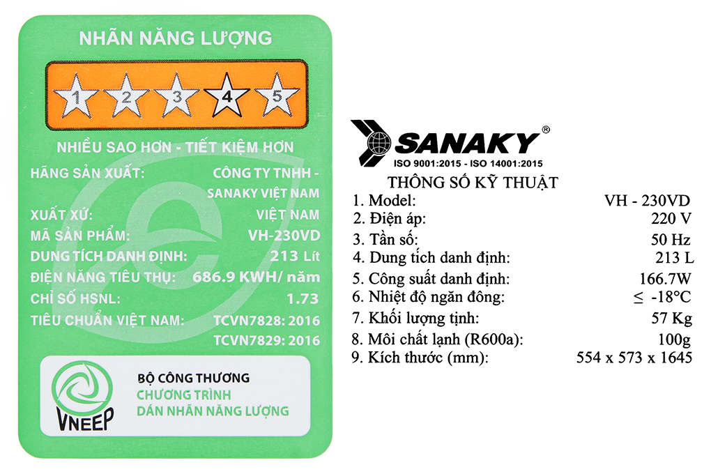 Tủ đông Sanaky 213 lít VH230VD