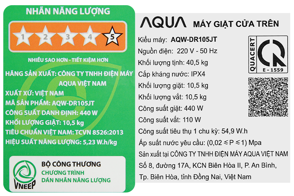 Máy giặt Aqua Inverter 10.5 kg AQW-DR105JT BK