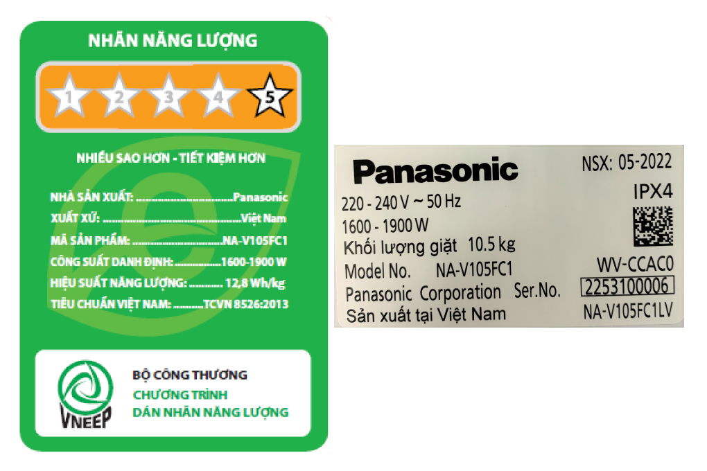 Máy giặt Panasonic Inverter giặt 10.5 kg - sấy tiện ích 2 kg NA-V105FC1LV